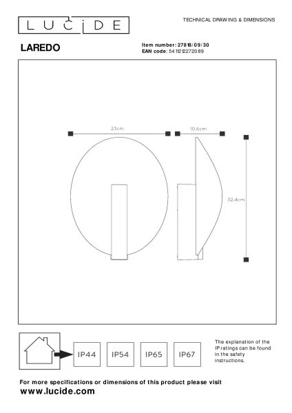 Lucide LAREDO - Wandlamp Binnen/Buiten - LED - 1x9W 2700K - IP54 - Zwart - technisch